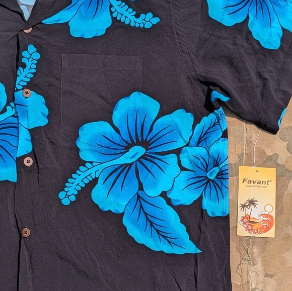 NWT Favant Rayon Hawaiian Hibiscus Button Up Shirt Never Worn Black Blu Sz L - Picture 4 of 11